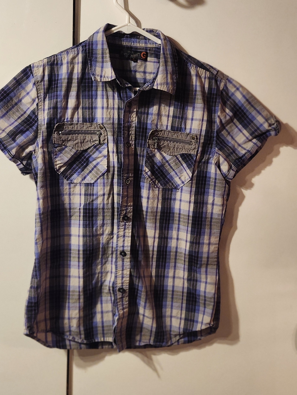 GAP Blue and White Plaid Short-Sleeve Button-Down Shirt Retro